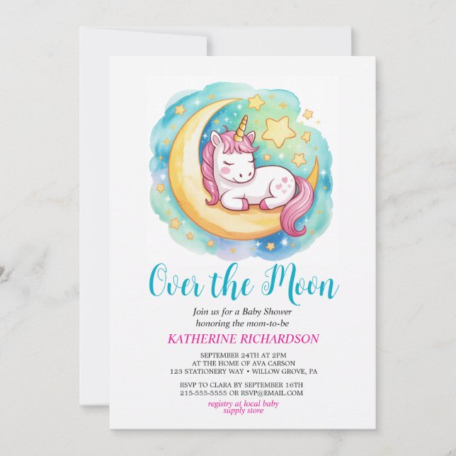 Convite Over the Moon Baby Shower – Sleeping Unicorn  (Frente)