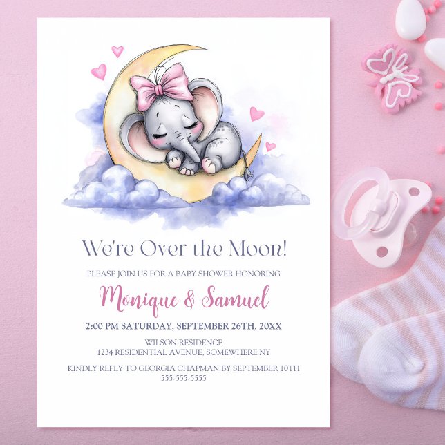 Convite Over the Moon Girl Elephant Baby Shower (Criador carregado)