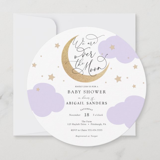 Convite Over the Moon Purple Baby Shower Invitation (Frente)