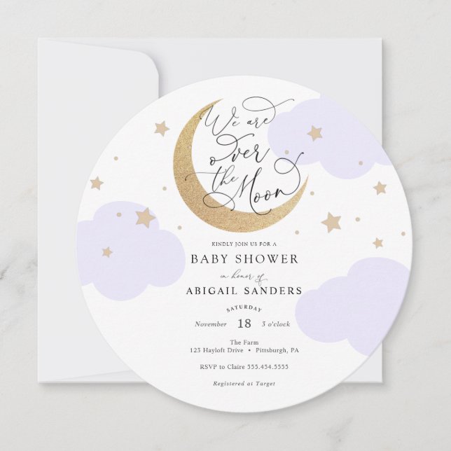 Convite Over the Moon Purple Baby Shower Invitation (Frente)