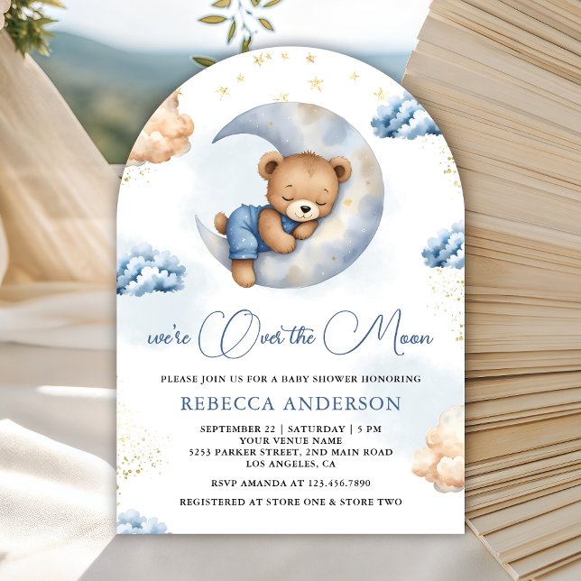 Convite Over the Moon Sleeping Teddy Bear Blue Baby Shower (Criador carregado)
