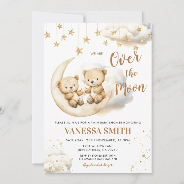 Convite Over The Moon Twin Baby Shower Invitation (Frente)