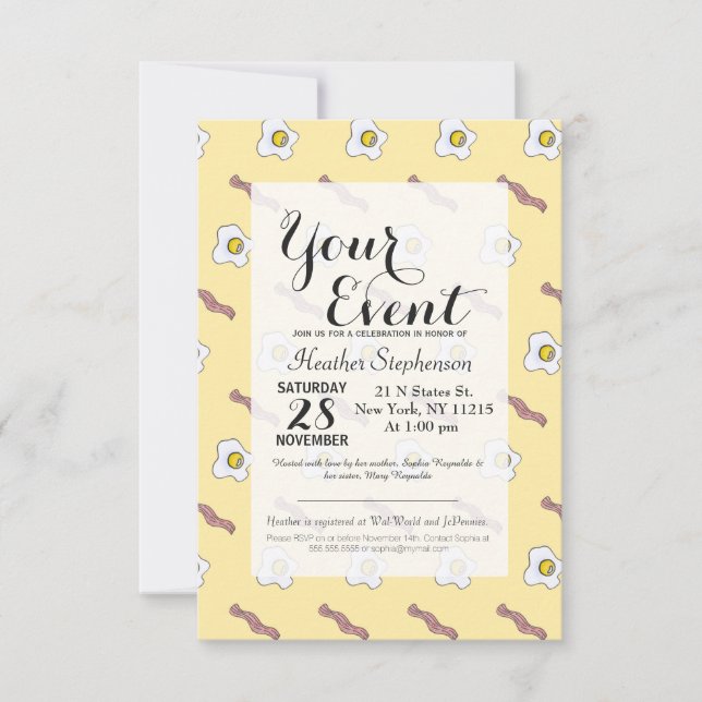 Convite Ovos e Bacon, café da manhã. Padrão engraçado (Frente)