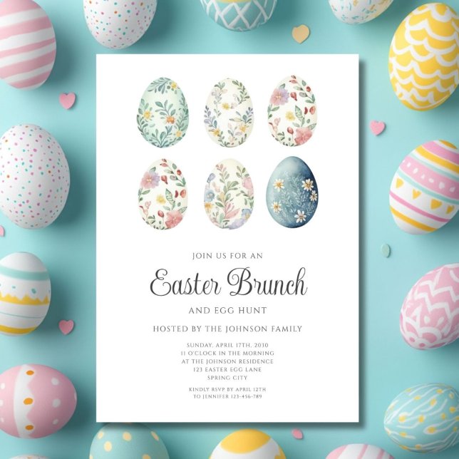 Convite Ovos Florais Elegantes Brunch de Páscoa (Elegant Floral Eggs Easter Brunch Invitation)