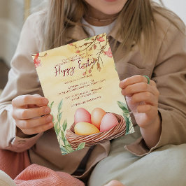 Convite Ovos no ninho de aves e no felz pascoa amarelo flo