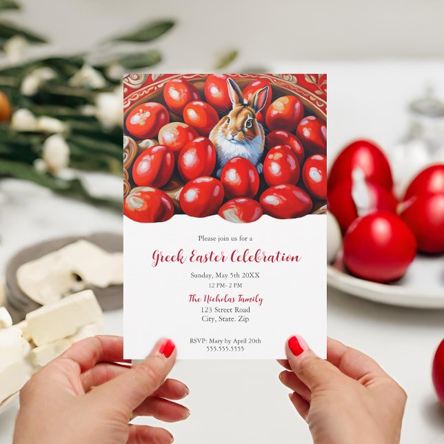 Convite Ovos Vermelhos De Tradição Com Coelho (Greek Easter invitation featuring red eggs and a cheerful bunny.)