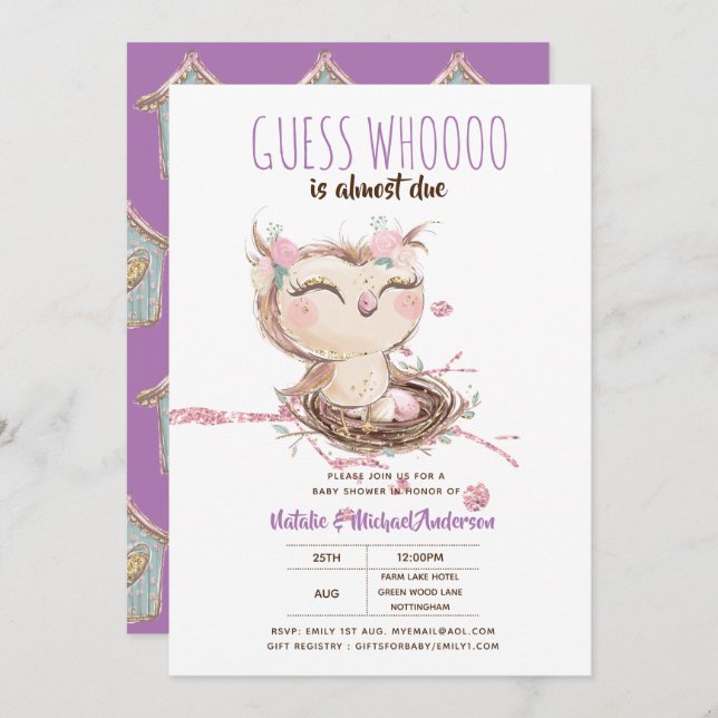 Convite Owl Baby Obrigado Dando Etiquetas Favoritas Garota (Frente/Verso)