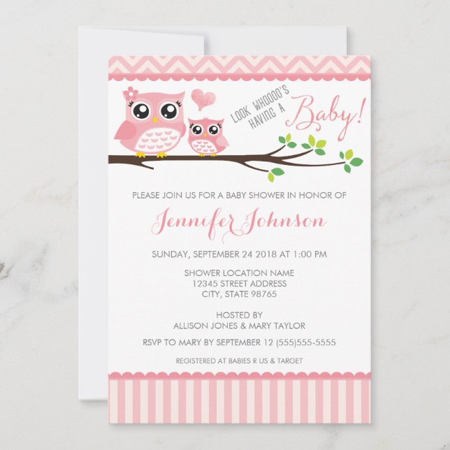 Convite Owl Baby Shower Invitation | Pink Chevron | Girl (Frente)