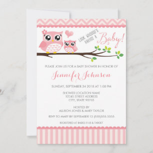 Convite Owl Baby Shower Invitation Pink Chevron Girl