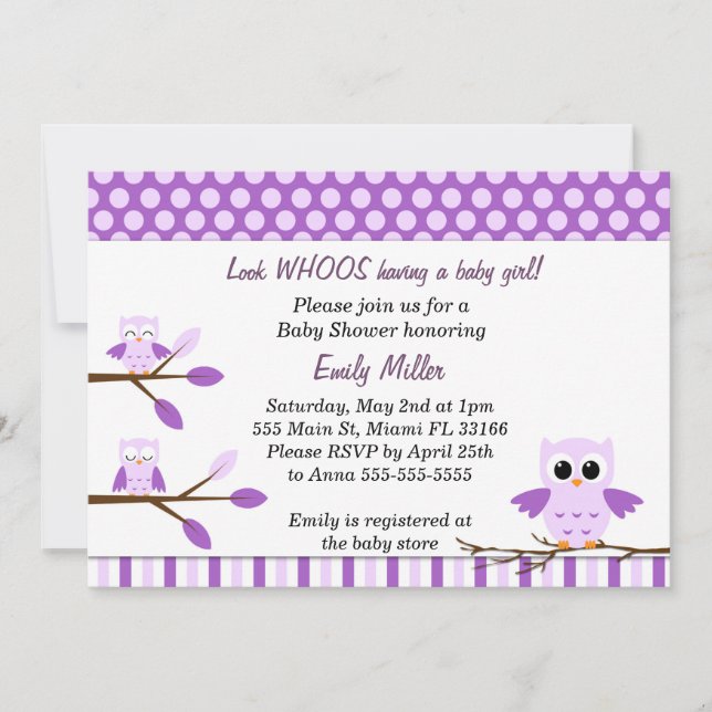 Convite Owl Invitation Baby Girl Chá Roxo (Frente)