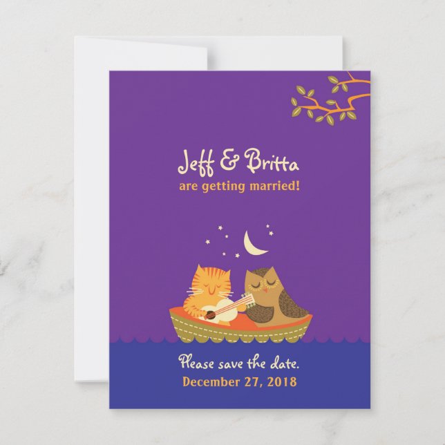 Convite Owl & Pussycat Salvar a data (Roxo e Azul) (Frente)