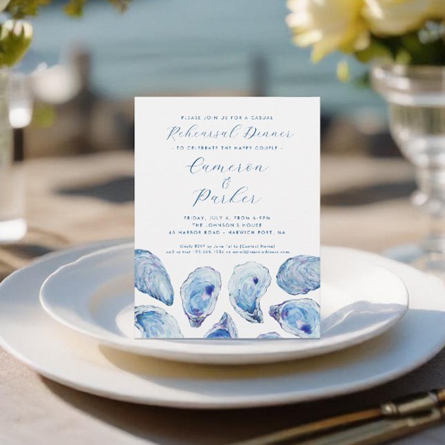 Convite Oyster Casual Ensaio De Casamento Azul-Cor (Oyster Casual Wedding Rehearsal Dinner Invitation in elegant blue watercolor from Concertina Press)