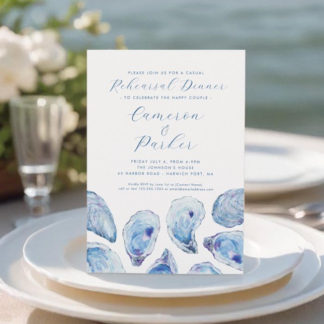 Convite Oyster Casual Ensaio De Casamento Azul-Cor (Oyster Casual Rehearsal Dinner Invitation with blue watercolor oyster shells from Concertina Press)