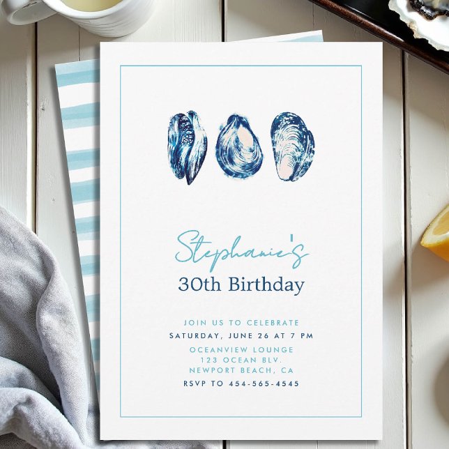 Convite Oyster Frame Náutico Beach Ocean aniversário de 30 (30th birthday invitation for women oysters party frame nautical boat yacht waterfront beach)