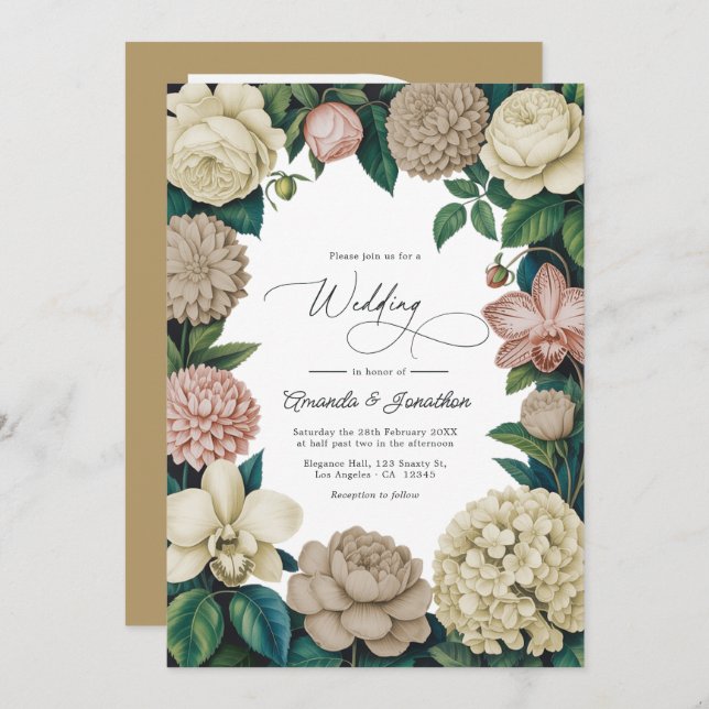 Convite Oyster Pearl, Soft Taupe & Champagne Blush Wedding (Frente/Verso)