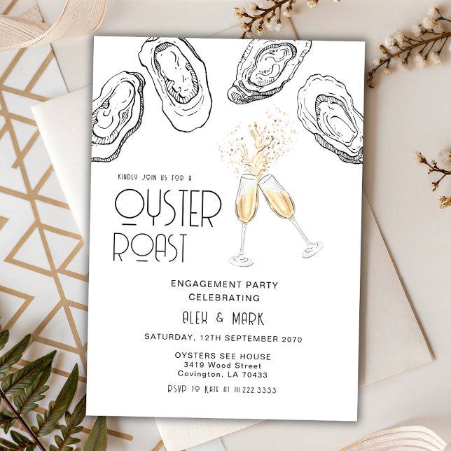 Convite Oyster Roast Hand Draw Champagne Engagement Party (Criador carregado)