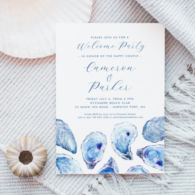 Convite Oyster Welcome Party Blue Watercolor (Oyster Welcome Party Invitation with elegant blue watercolor illustration from Concertina Press)