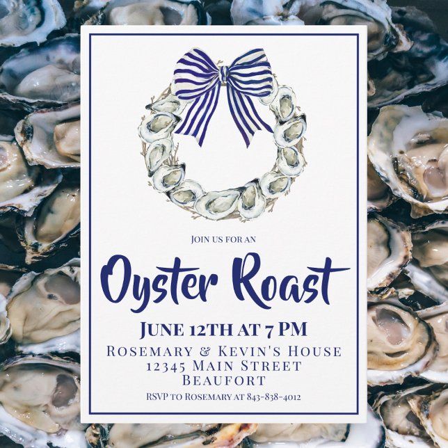 Convite Oyster Wreath Blue Striped Ribbon Oyster Roast (Criador carregado)