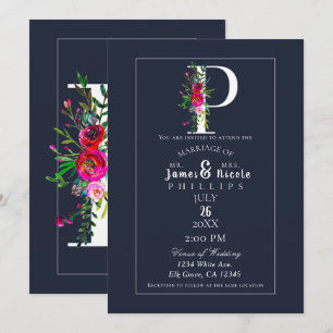 Convite P Monograma Última Inicial Moderno Azul Floral Cas
