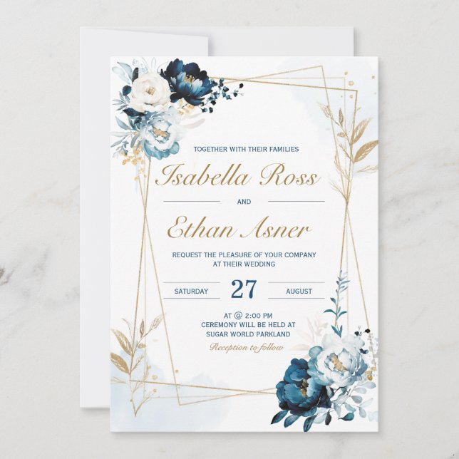 Convite Pacote de Noiva Personalizado Azul Marinho e Doura (Frente)