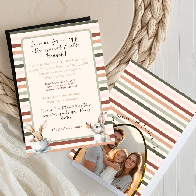 Convite Pacotes de Páscoa distribuídos com Foto Personaliz (Striped Easter bunnies with Custom Photo Invitation)