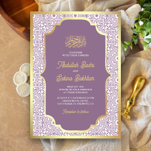 Convite Padrão Árabe Dourado Lavanda Casamento Muçulmano