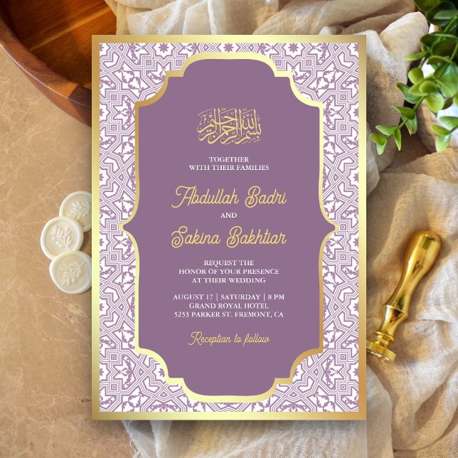 Convite Padrão Árabe Dourado Lavanda Casamento Muçulmano (Criador carregado)