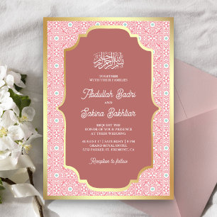 Convite Padrão Arabesco de Ouro Rosa Casamento Muçulmano