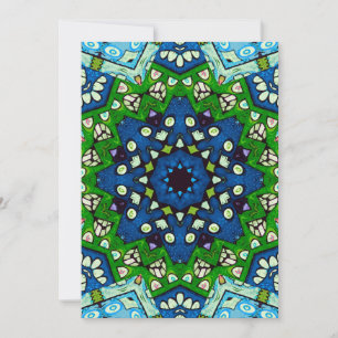 Convite Padrão Azul Verde-Mosaico Mandala Retro