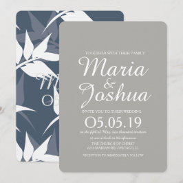 Convite Padrão Botânico de Folhas Casamento Azul Marinho
