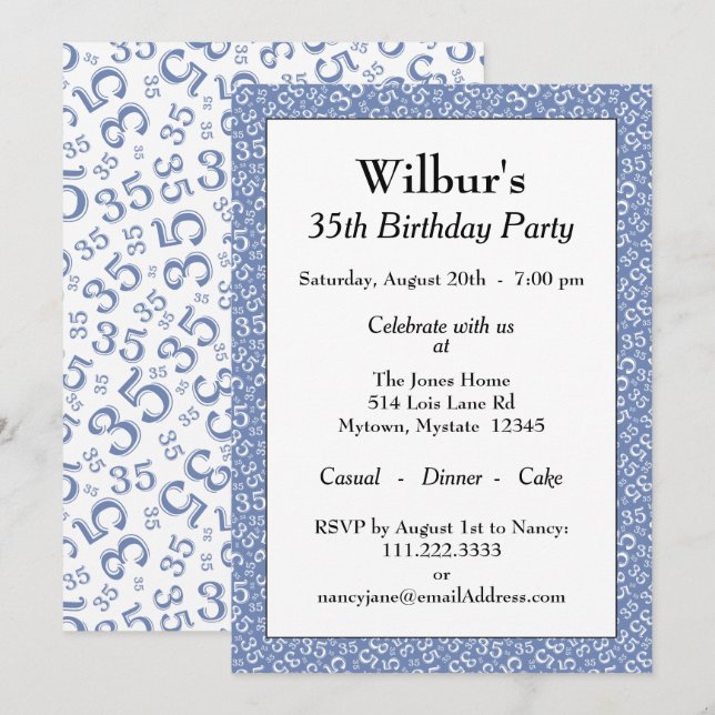 Convite Padrão branco e azul do tema da Festa de aniversár (Frente/Verso)