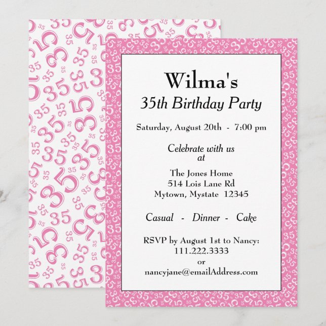 Convite Padrão branco e rosa do tema da Festa de aniversár (Frente/Verso)