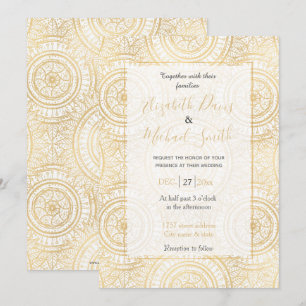 Convite Padrão Branco Elegante Dourado de Mandala Girasso