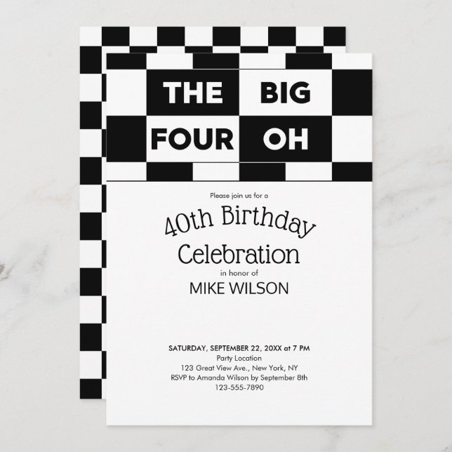 Convite Padrão branco-preto do aniversário de 40 anos (Frente/Verso)