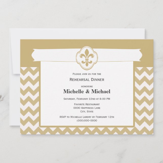 Convite Padrão Chevron Fleur de Lis Evento Dourado Branco (Frente)