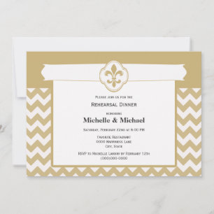 Convite Padrão Chevron Fleur de Lis Evento Dourado Branco