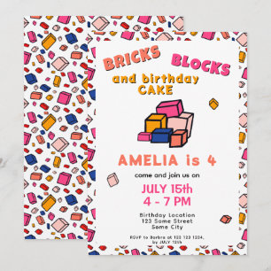 Convite Padrão Colorido de Tijolo e Bloco Desenho Aniversá