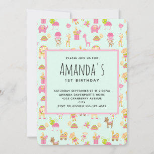 Convite Padrão de Animais de Berçário Fofos Aniversário