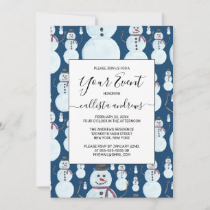 Convite Padrão de Aquarela de Boneco de Neve Azul Gelado F