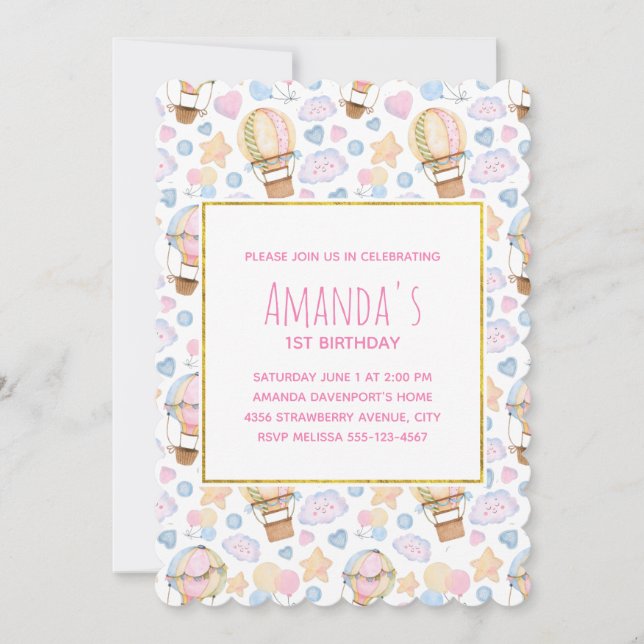 Convite Padrão de Aquarela do Balão de Ar Quente (Frente)