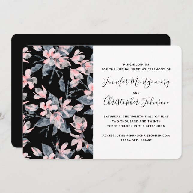 Convite Padrão de Aquarela Floral Rosa e Cinza Virtual (Frente/Verso)