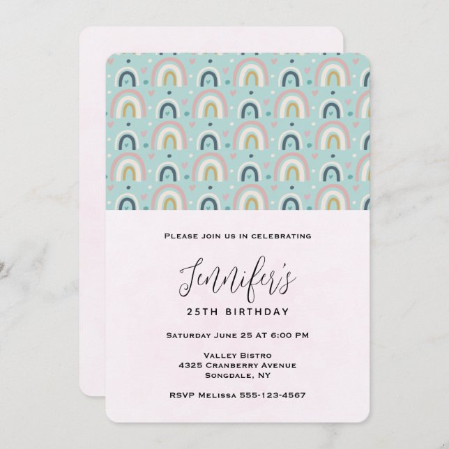 Convite Padrão de arco-íris branco bonito Aniversário (Frente/Verso)