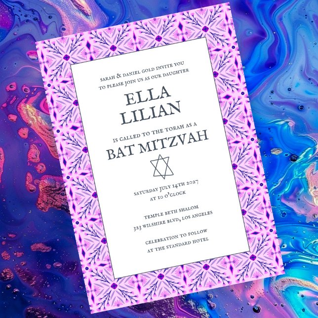 Convite Padrão de Azulejo elegante B'nai Bat Bar Mitzvah (Elegant Tile Pattern Custom B'nai Bat Bar Mitzvah Invitation
Purple)
