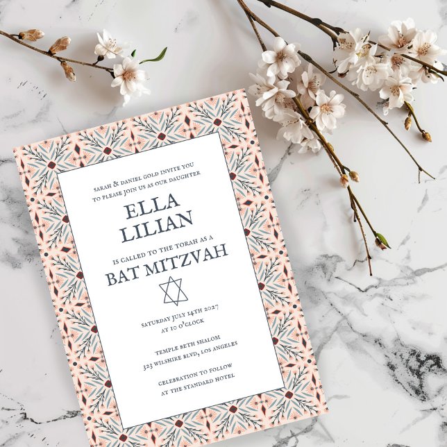 Convite Padrão de Azulejo elegante B'nai Bat Bar Mitzvah (Elegant Tile Pattern Custom B'nai Bat Bar Mitzvah Invitation
Pink BLue)