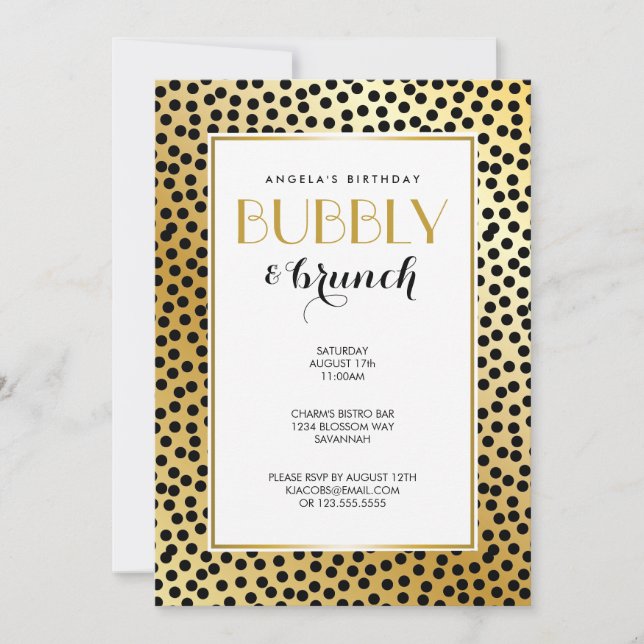 Convite Padrão de Bolinhas moderno preto e Dourado (Frente)
