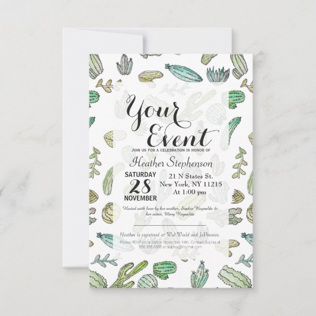 Convite Padrão de Cactus de Verão - Pintor Verde Cura-d'Ág (Frente)