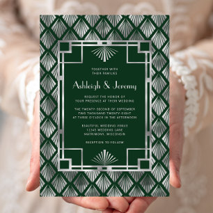 Convite Padrão de casamento verde esmeralda prateado vinta