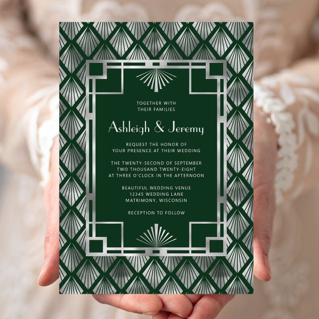 Convite Padrão de casamento verde esmeralda prateado vinta (Criador carregado)