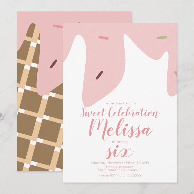 Convite Padrão de Cone de Sorvete com Confetes e Gotas de  (Frente/Verso)