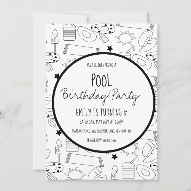 Convite Padrão de cor preto e branco da festa na piscina (Frente)